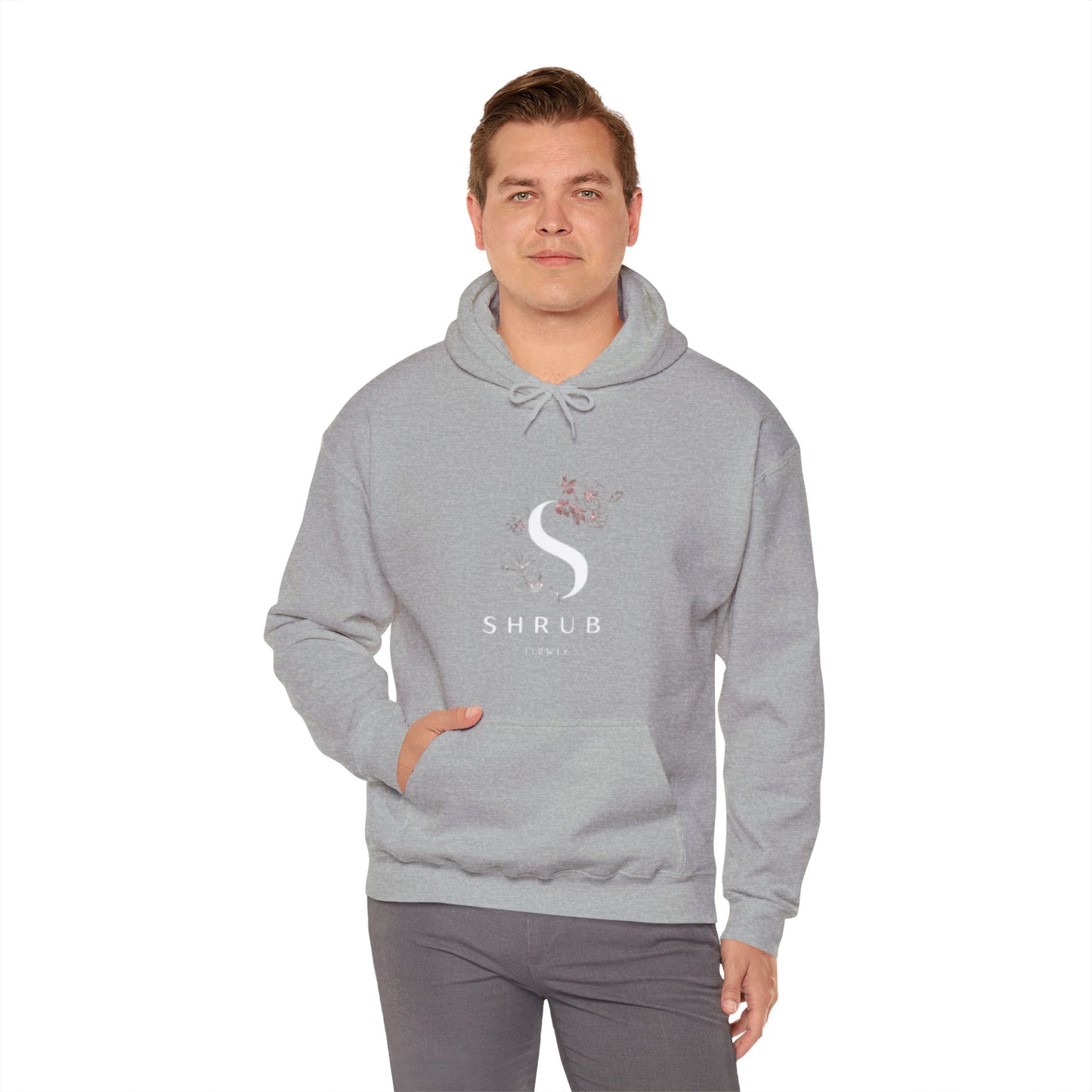 Cozy Grey Hooded Sweatshirt with Floral SHRUB Design - Print Hits Store  